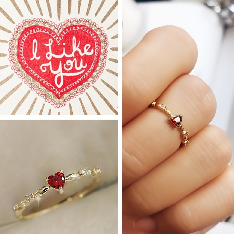 Heart Shaped Red Stone Engagement Ring Copper Single Stone Setting Plating